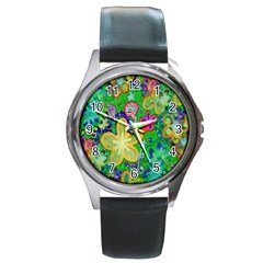 Beautiful Flower Power Batik Round Leather Watch (silver Rim) by rokinronda