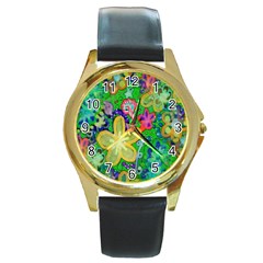 Beautiful Flower Power Batik Round Leather Watch (gold Rim)  by rokinronda