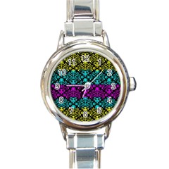 Cmyk Damask Flourish Pattern Round Italian Charm Watch