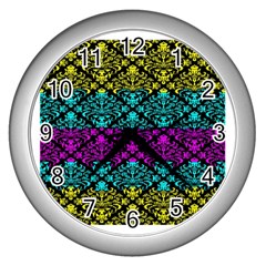 Cmyk Damask Flourish Pattern Wall Clock (silver)