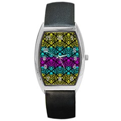 Cmyk Damask Flourish Pattern Tonneau Leather Watch by DDesigns