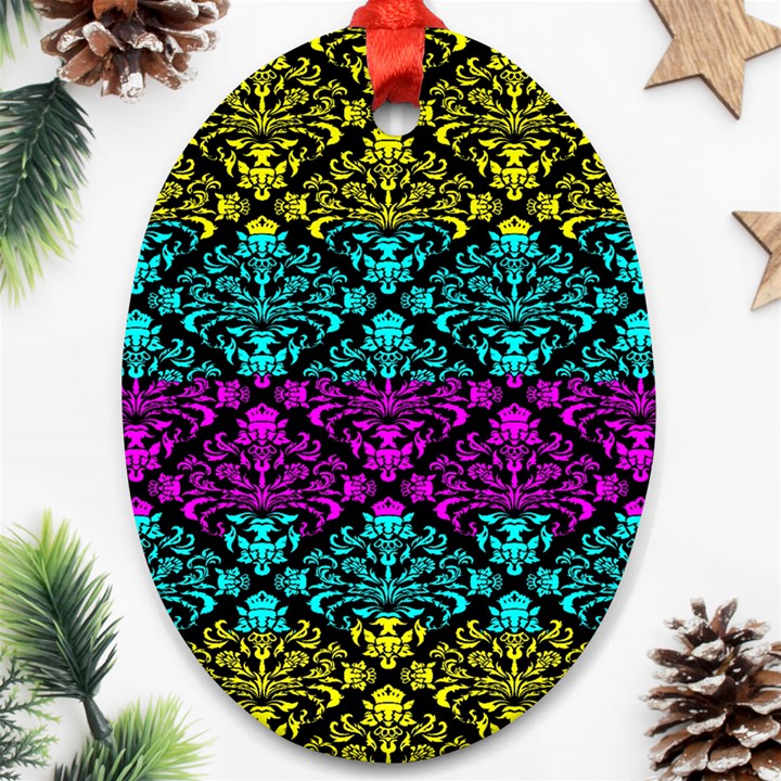 Cmyk Damask Flourish Pattern Oval Ornament (Two Sides)