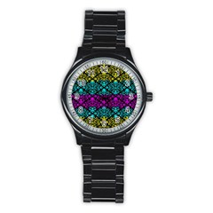 Cmyk Damask Flourish Pattern Sport Metal Watch (black) by DDesigns