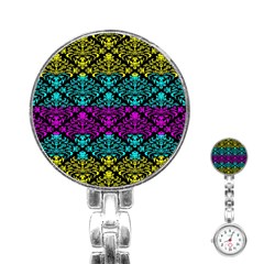 Cmyk Damask Flourish Pattern Stainless Steel Nurses Watch by DDesigns