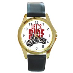 Red Text Let s Ride Motorcycle Round Gold Metal Watch by creationsbytom