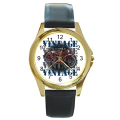 Vintage Motorcycle Multiple Text Shadows Round Gold Metal Watch by creationsbytom