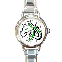 Green And Black Wolf Head Outline Facing Left Side Round Italian Charm Watch by WildThings