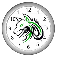 Green And Black Wolf Head Outline Facing Left Side Wall Clock (silver) by WildThings