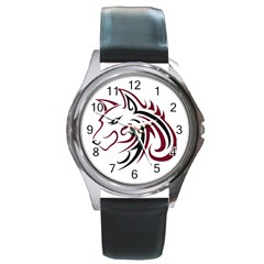 Maroon And Black Wolf Head Outline Facing Left Side Round Metal Watch by WildThings