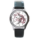 Maroon and Black Wolf Head Outline Facing Left Side Round Metal Watch Front