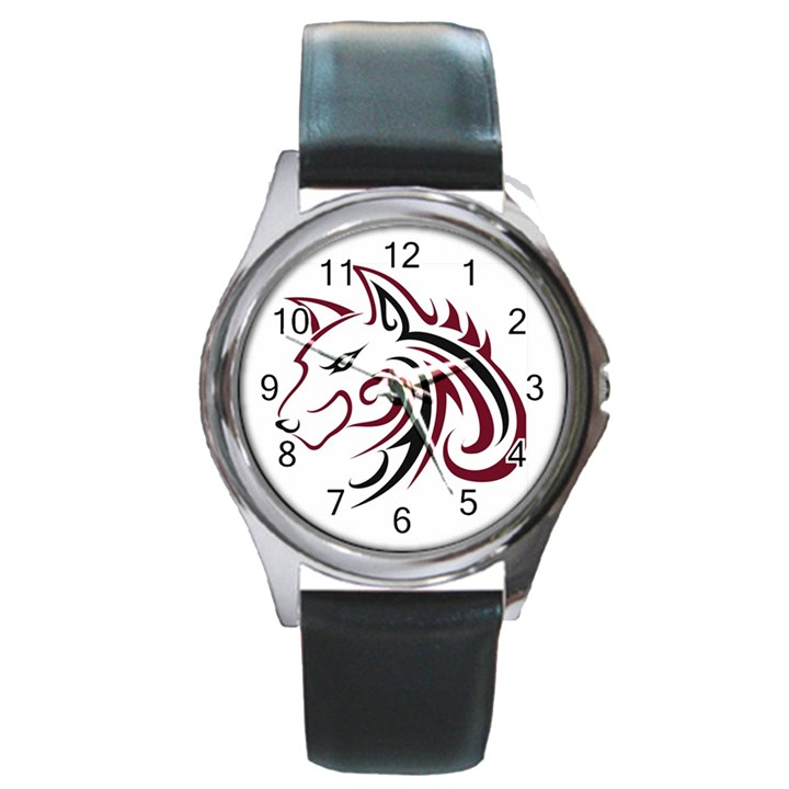 Maroon and Black Wolf Head Outline Facing Left Side Round Metal Watch