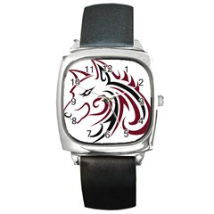 Maroon And Black Wolf Head Outline Facing Left Side Square Metal Watch by WildThings