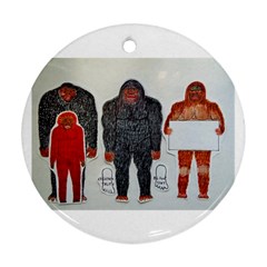 1 Neanderthal & 3 Big Foot,on White, Round Ornament