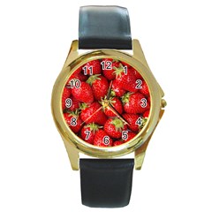 Strawberries Round Leather Watch (gold Rim)  by SonderSkySecond