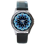 Crystal Star, Abstract Glowing Blue Mandala Round Leather Watch (Silver Rim) Front