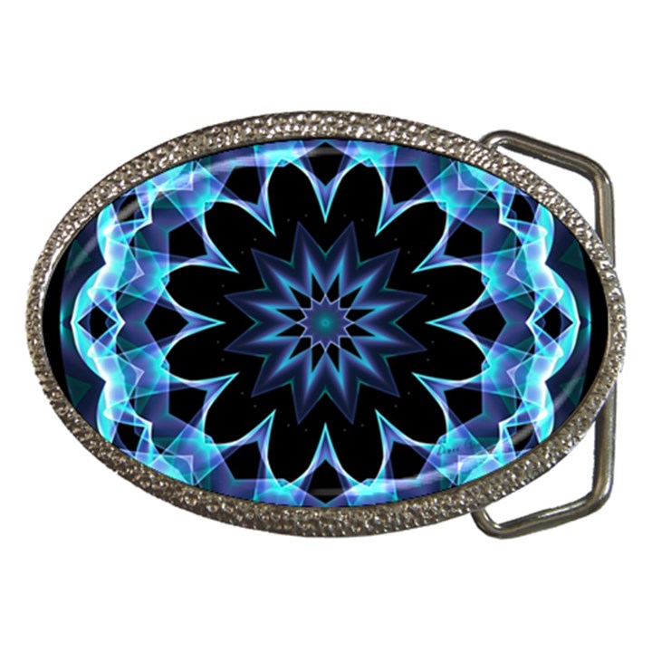 Crystal Star, Abstract Glowing Blue Mandala Belt Buckle (Oval)