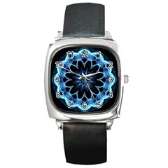 Crystal Star, Abstract Glowing Blue Mandala Square Leather Watch by DianeClancy