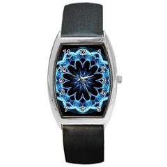 Crystal Star, Abstract Glowing Blue Mandala Tonneau Leather Watch by DianeClancy