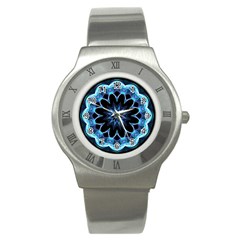 Crystal Star, Abstract Glowing Blue Mandala Stainless Steel Watch (slim) by DianeClancy