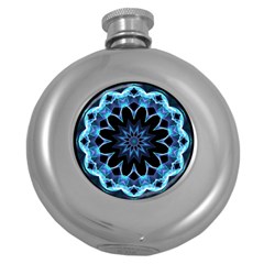 Crystal Star, Abstract Glowing Blue Mandala Hip Flask (round) by DianeClancy