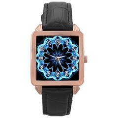 Crystal Star, Abstract Glowing Blue Mandala Rose Gold Leather Watch  by DianeClancy