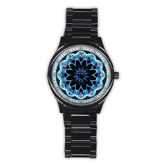 Crystal Star, Abstract Glowing Blue Mandala Sport Metal Watch (black) by DianeClancy