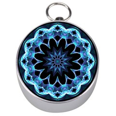 Crystal Star, Abstract Glowing Blue Mandala Silver Compass by DianeClancy