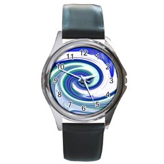 Abstract Waves Round Leather Watch (silver Rim) by Colorfulart23