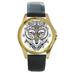 Ornate Foxy Wolf Round Leather Watch (gold Rim) 