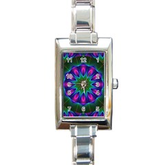 Star Of Leaves, Abstract Magenta Green Forest Rectangular Italian Charm Watch by DianeClancy