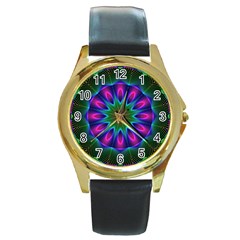 Star Of Leaves, Abstract Magenta Green Forest Round Leather Watch (gold Rim)  by DianeClancy