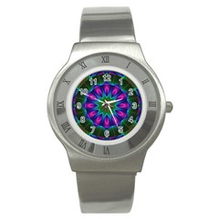 Star Of Leaves, Abstract Magenta Green Forest Stainless Steel Watch (slim) by DianeClancy