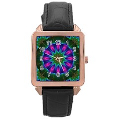 Star Of Leaves, Abstract Magenta Green Forest Rose Gold Leather Watch 