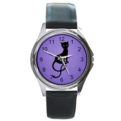 Purple Gracious Evil Black Cat Round Leather Watch (silver Rim) by CreaturesStore