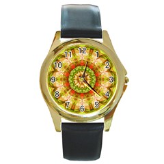 Red Green Apples Mandala Round Leather Watch (gold Rim)  by Zandiepants