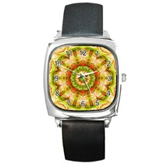 Red Green Apples Mandala Square Leather Watch