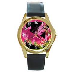 Elegant Writer Round Leather Watch (gold Rim) 