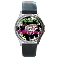 Don t Stop Believing Round Leather Watch (silver Rim)