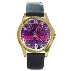 Beautiful Day Just Smile Round Leather Watch (gold Rim) 