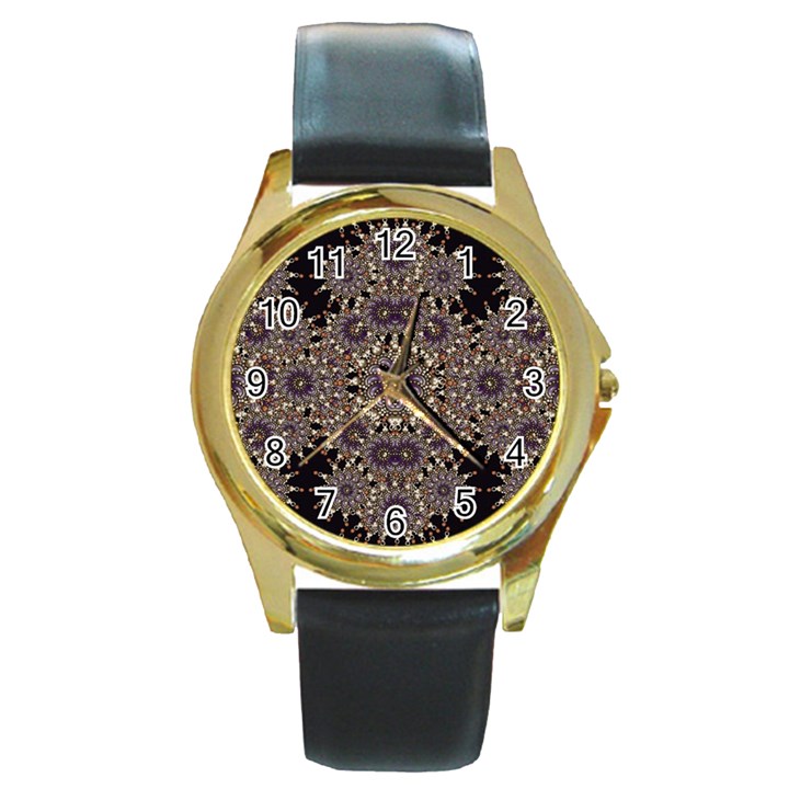 Luxury Ornament Refined Artwork Round Leather Watch (Gold Rim) 