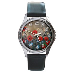 Poppy Garden Round Leather Watch (silver Rim) by rokinronda