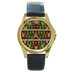 Aztec Style Pattern Round Leather Watch (gold Rim) 