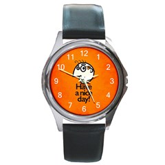 Have A Nice Day Happy Character Round Leather Watch (silver Rim)