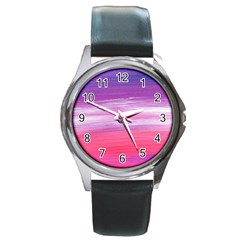 Abstract In Pink & Purple Round Leather Watch (silver Rim)