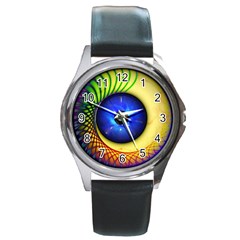 Eerie Psychedelic Eye Round Leather Watch (silver Rim)