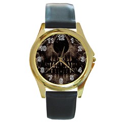 Skull Poster Background Round Leather Watch (gold Rim)  by dflcprints