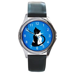 Blue White And Black Cats In Love Round Leather Watch (silver Rim)