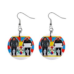 2 Yeti, 1 Text On Tibetan Flag, Mini Button Earrings