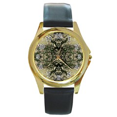 Winter Colors Collage Round Leather Watch (gold Rim)  by dflcprints