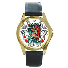 Tribal Dragon Round Leather Watch (gold Rim) 